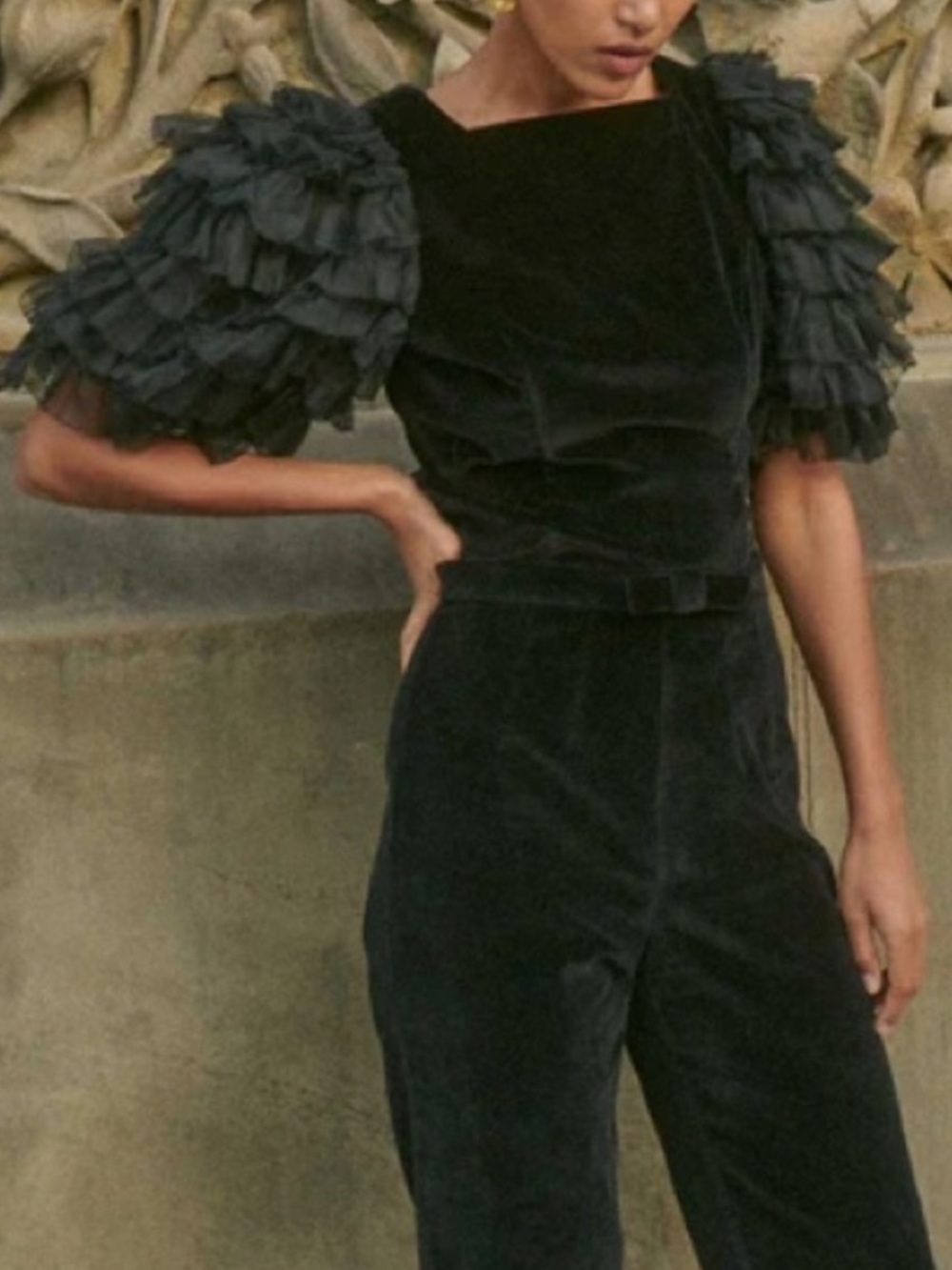 DÔEN Heirloom Black Ruffle-Sleeve Clarette Top Velvet and Silk Sz XS